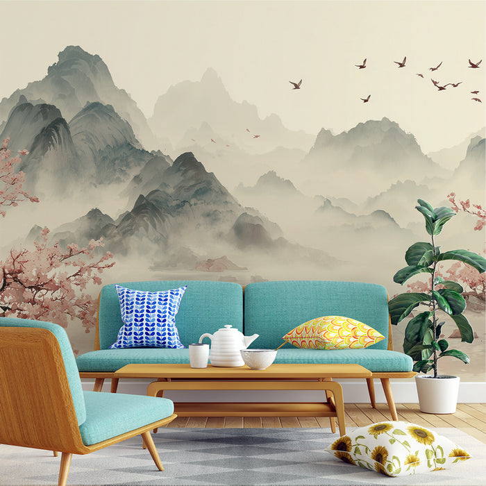 Papier peint paysage serein | Montagnes embrumées et fleurs de cerisier