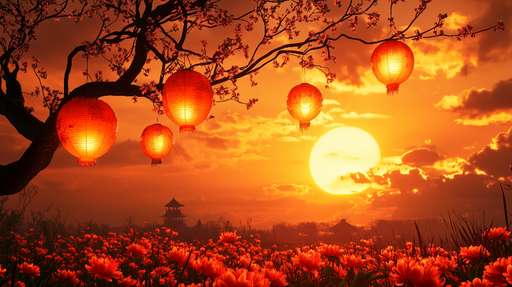 Papier peint lanterne Coucher de soleil asiatique avec lanternes