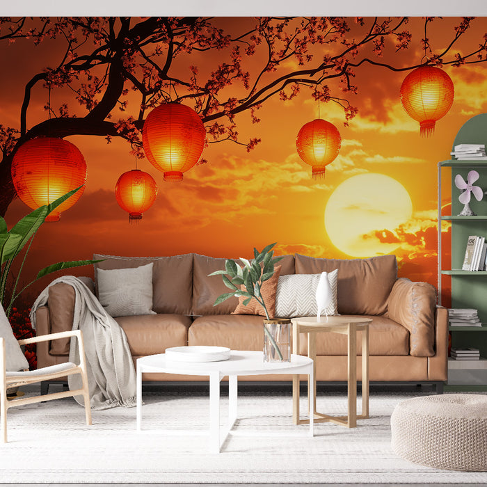 Papier peint panoramique coucher de soleil asiatique avec lanternes rouges et arbre fleuri pour salon moderne