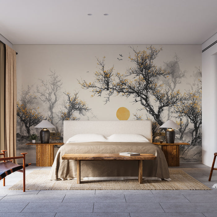 Papier peint paysage oriental | Arbres et soleil doré