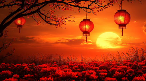 Papier peint lanternes Éclat de lanternes rouges au crépuscule