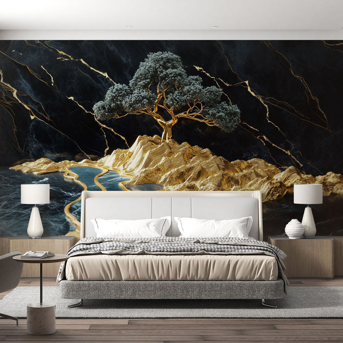 Papier peint paysage doré | Art mural abstrait élégant