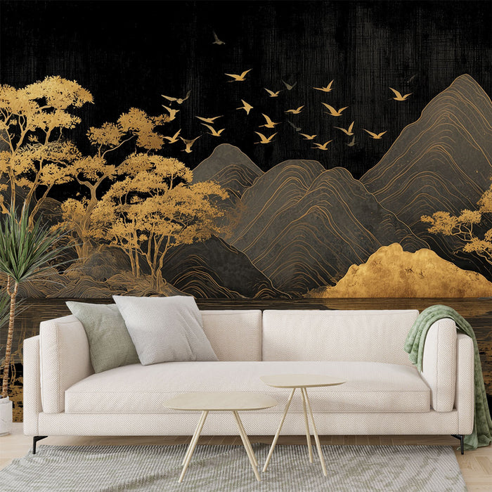 Papier peint paysage doré | Montagne et nature élégantes