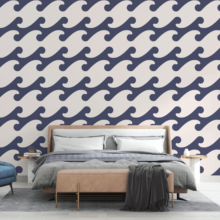 Papier peint vagues | Design géométrique bleu et crème