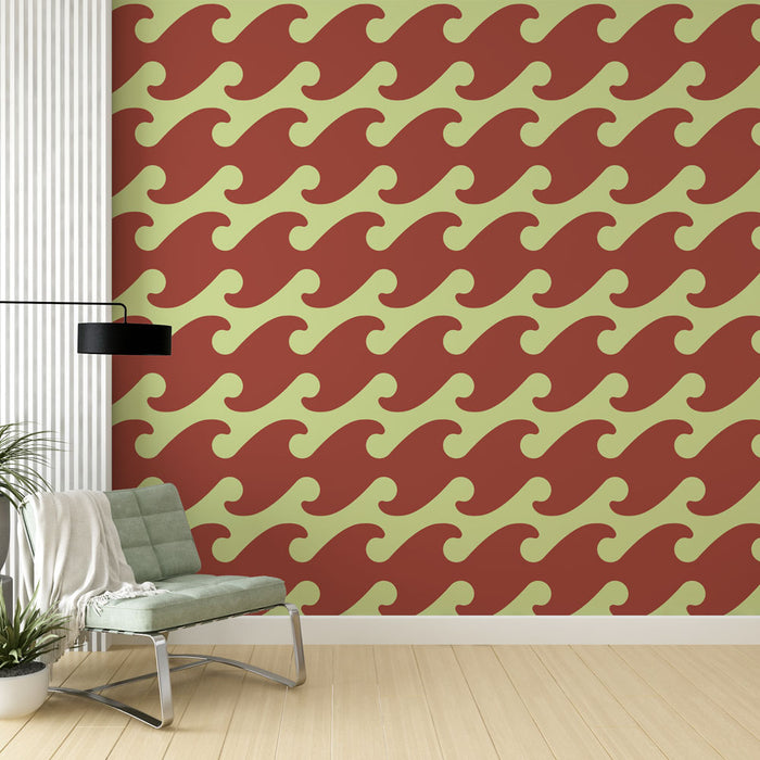 Papier peint motif ondulé | Design rétro en rouge et crème