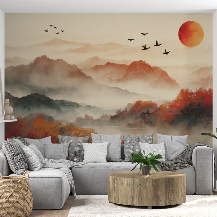 Papier peint paysage oriental | Brume et montagnes au lever du soleil