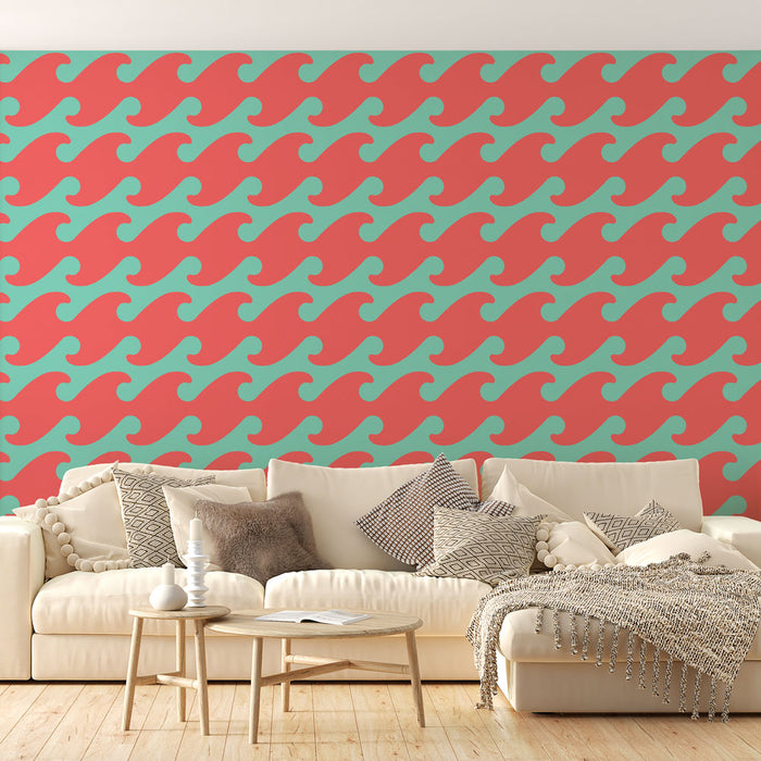 Papier peint vagues | Design rétro rouge et turquoise