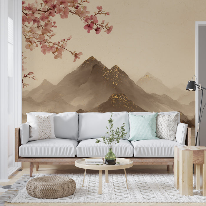 Papier peint paysage asiatique | Rivière et montagnes en aquarelle