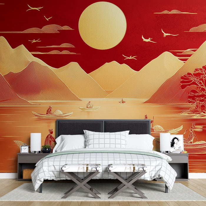 Papier peint paysage asiatique | Éclat doré et rouge