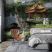 Papier peint paysage asiatique avec pagode et jardin zen pour chambre moderne