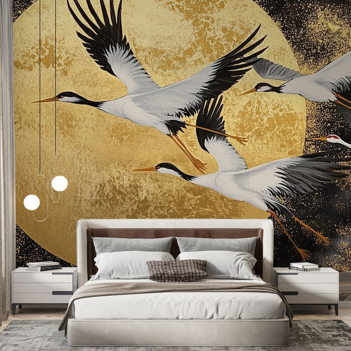 Papier peint grues dorées | Design élégant et artistique