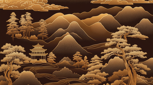 Papier peint paysage asiatique Doré sur fond noir