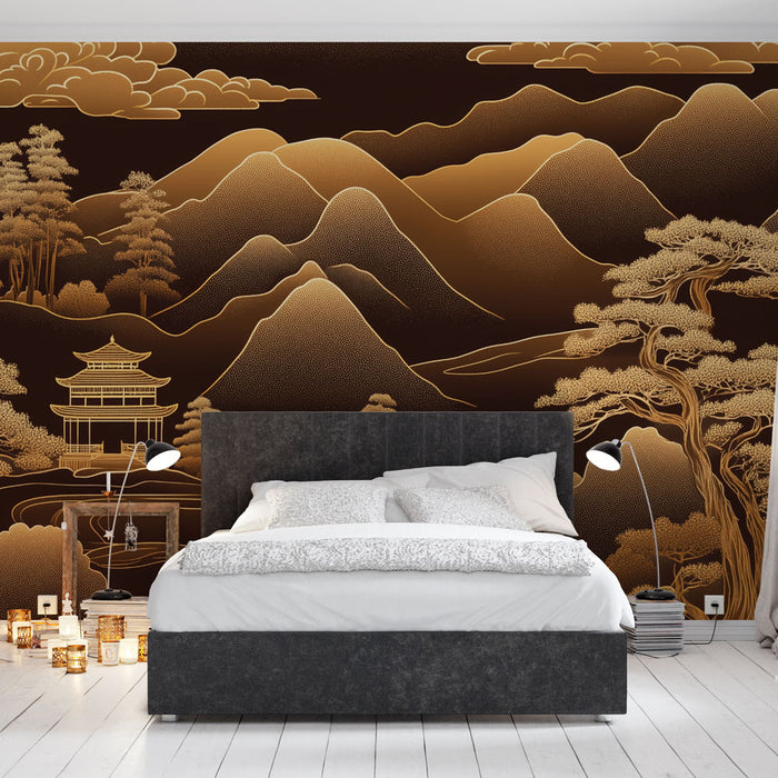 Papier peint paysage asiatique | Doré sur fond noir