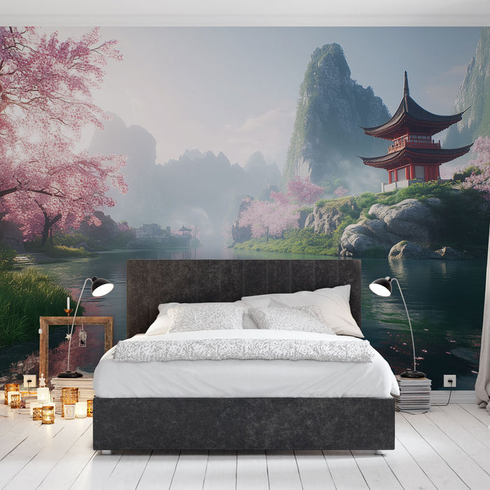 Papier peint paysage japonais avec cerisiers en fleurs et pagode pour chambre zen et relaxante