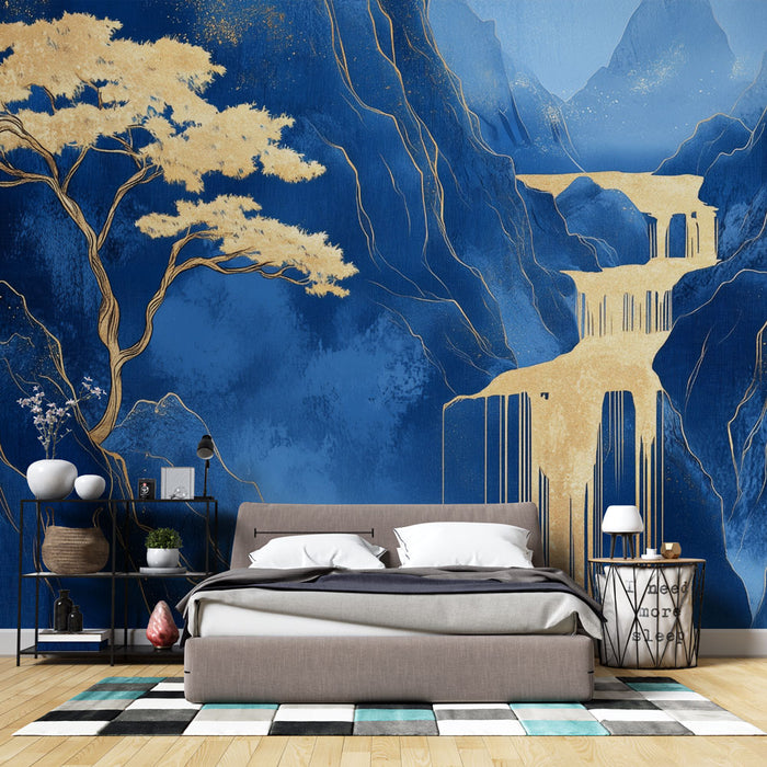 Papier peint paysage abstrait | Arbre doré sur fond bleu
