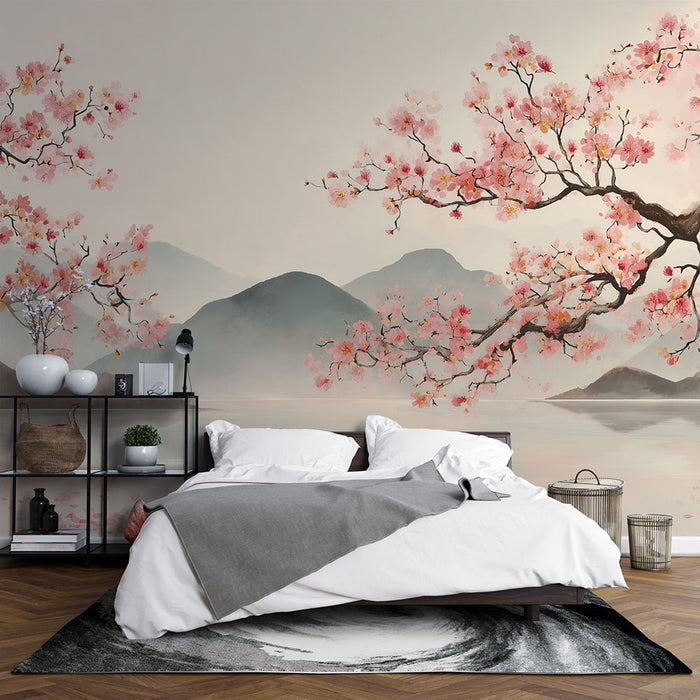 Papier peint paysage japonais | Fleurs de cerisier et montagnes