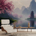 Papier peint paysage japonais avec cerisiers en fleurs et pagode pour salon zen et apaisant