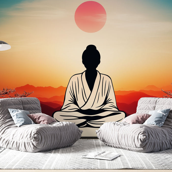 Papier peint zen avec silhouette méditative et coucher de soleil pour salon apaisant