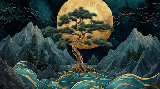 Papier peint paysage mystique Montagnes et lune dorée