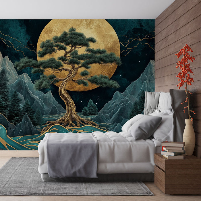 Papier peint paysage mystique | Montagnes et lune dorée