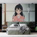 Papier peint mural japonais avec personnage d'anime en kimono rose pour chambre moderne
