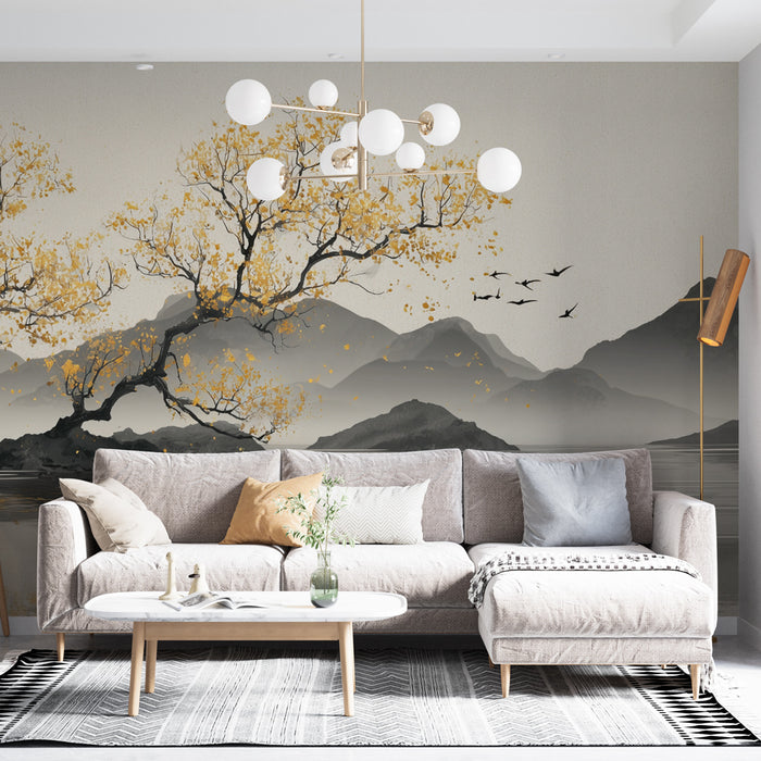 Papier peint paysage | Arbres dorés et montagnes
