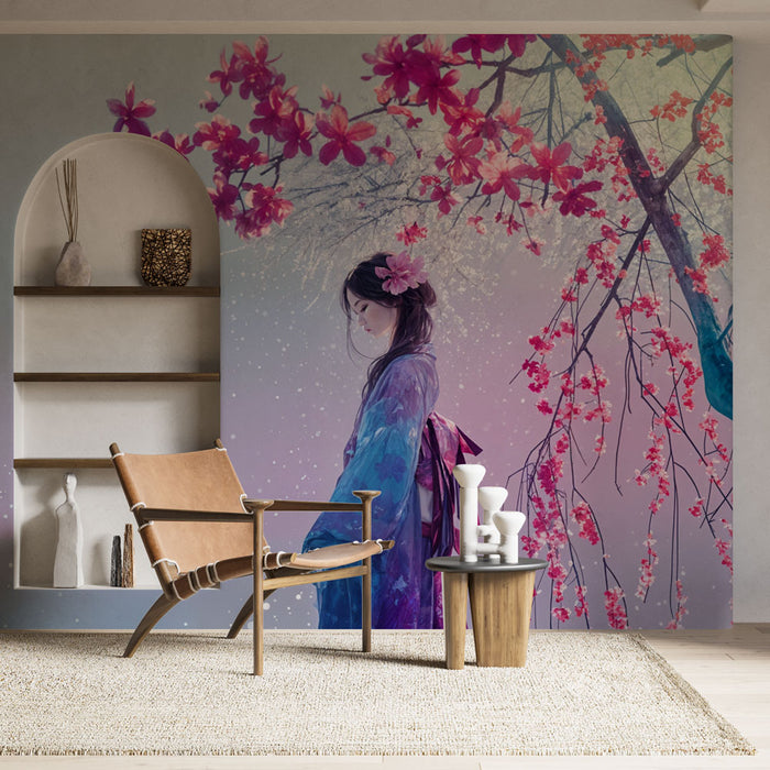 Papier peint floral et personnage | Harmonie des couleurs