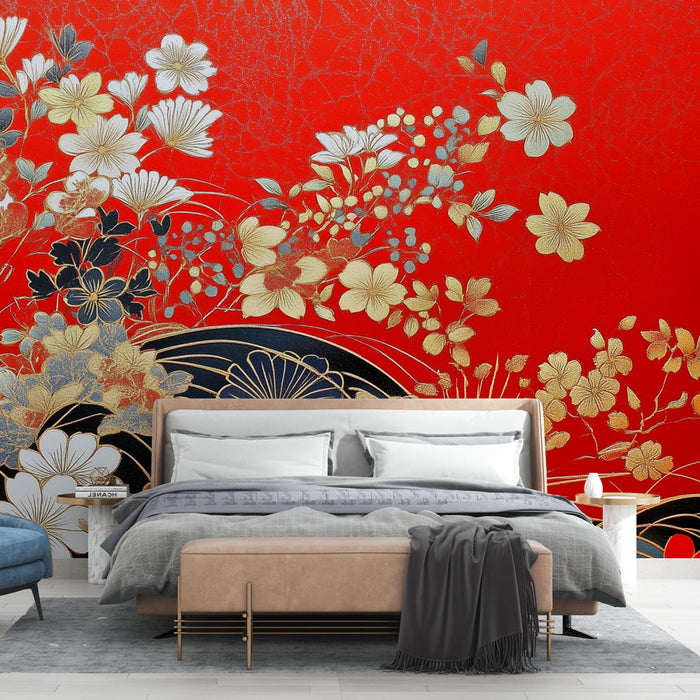Papier peint floral japonais | Rouge et or élégance
