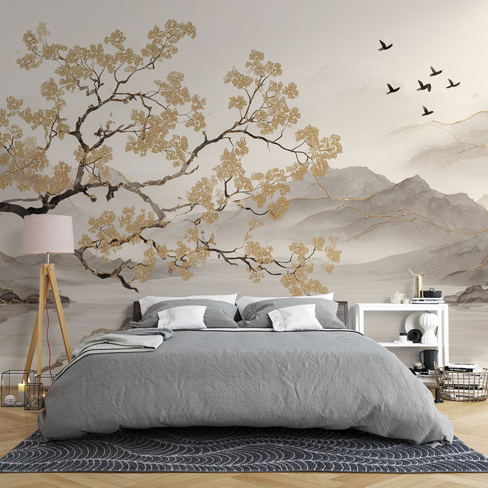 Papier peint paysage zen | Nature dorée et montagne