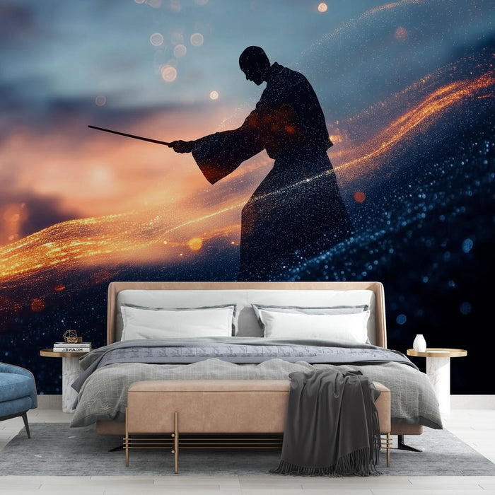 Papier peint mural samouraï avec effets lumineux pour chambre moderne et élégante
