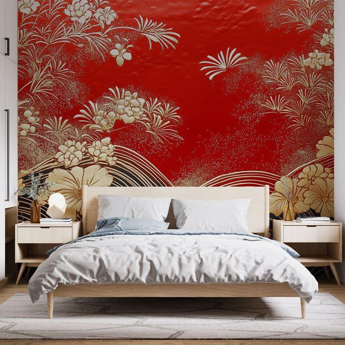 Papier peint floral | Rouge et Or Éclatant