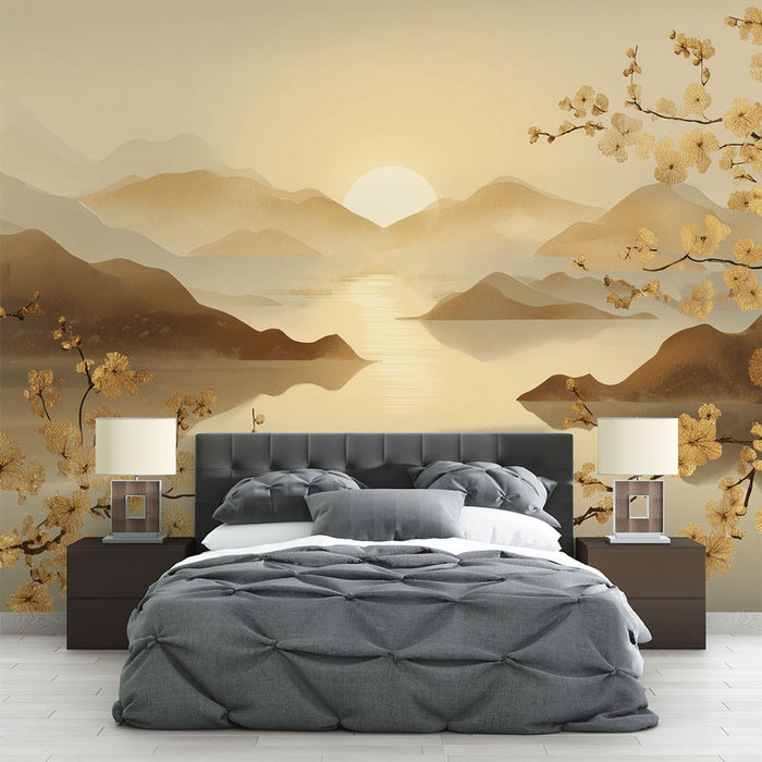 Papier peint paysage doré | Coucher de soleil et fleurs élégantes