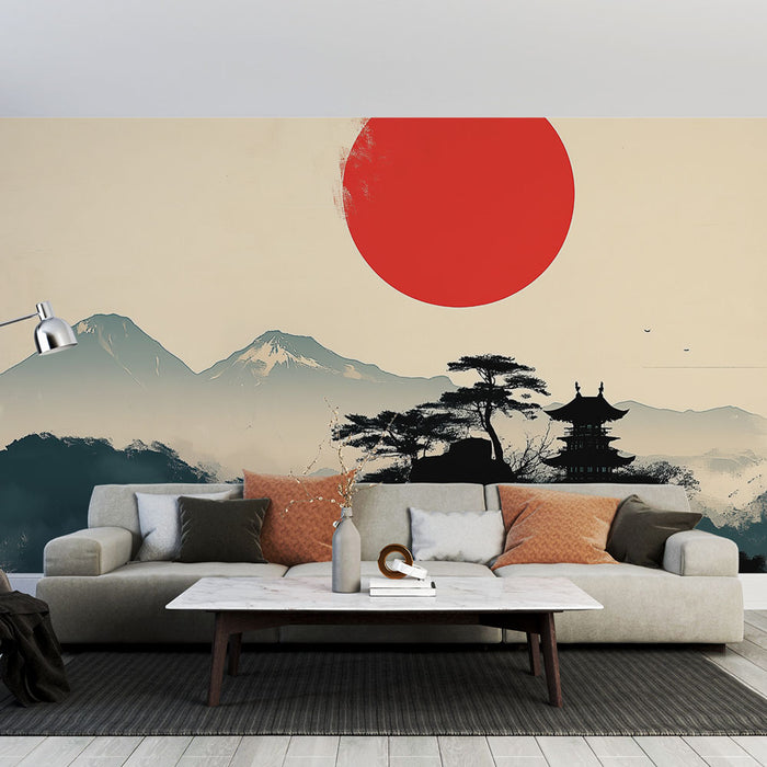 Papier peint zen | Paysage japonais avec soleil rouge