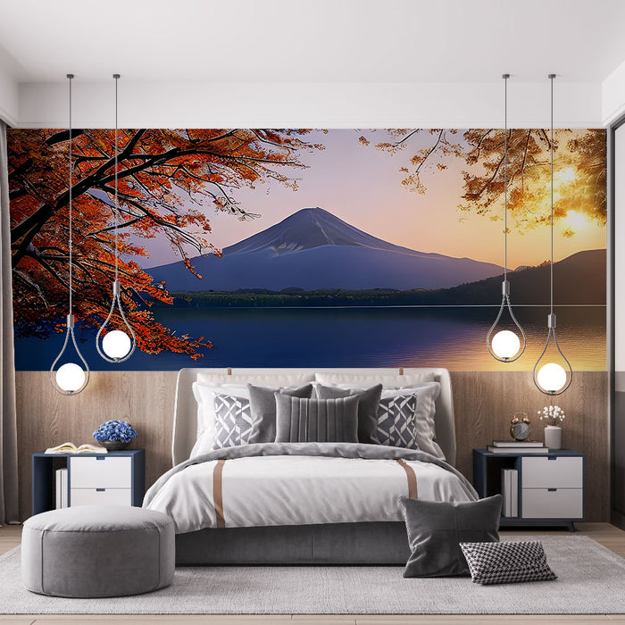 Papier peint panoramique paysage japonais avec mont Fuji et érables rouges pour chambre moderne