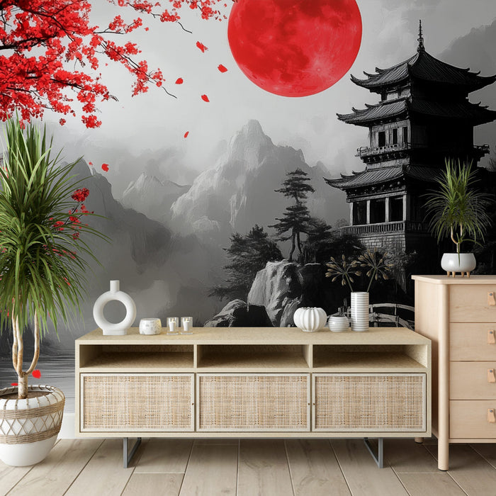 Papier peint Japan | Paysage nocturne et fleur de cerisier