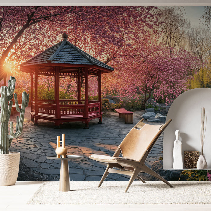 Papier peint jardin japonais avec pavillon rouge et cerisiers en fleurs pour salon zen