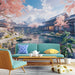 Papier peint paysage japonais avec cerisiers en fleurs et maison traditionnelle pour salon zen