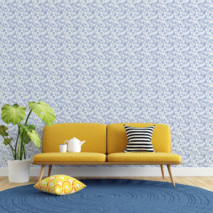 Papier peint citrouilles | Motif floral et citrouilles bleues
