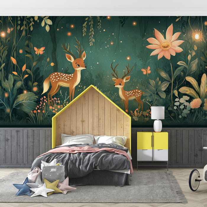 Papier peint forêt enchantée avec cerfs et fleurs lumineuses pour chambre enfant