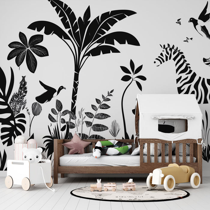 Papier peint jungle noir et blanc avec zèbre et oiseaux pour chambre d'enfant moderne.