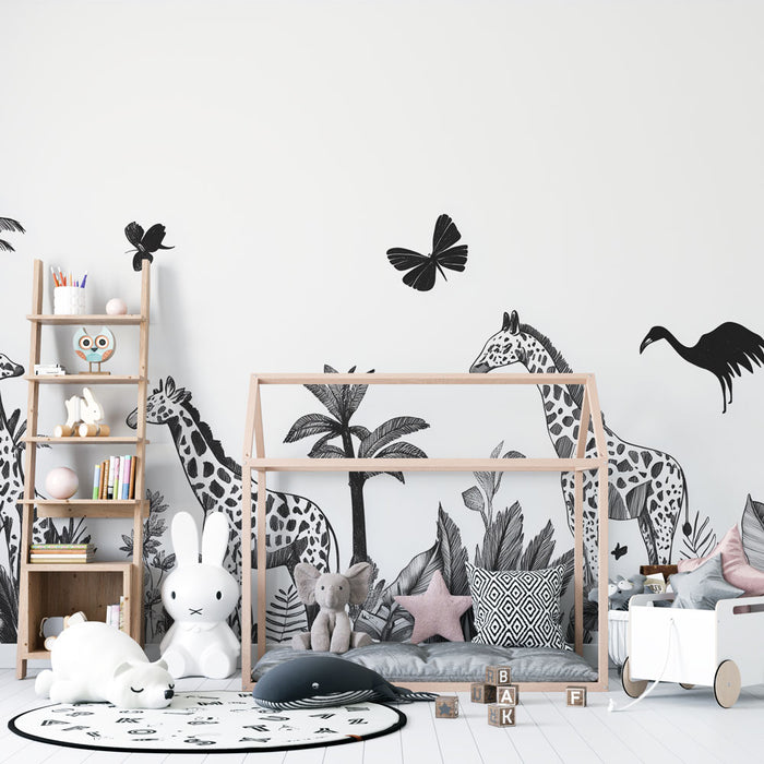 Papier peint jungle noir et blanc avec girafes et papillons pour chambre d'enfant moderne