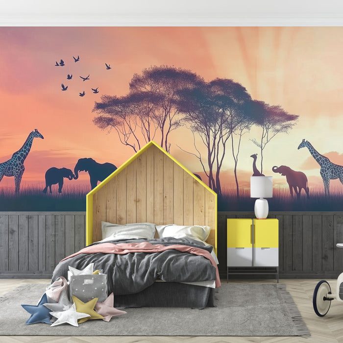 Papier peint Safari | Silhouettes d'Animaux au Coucher de Soleil