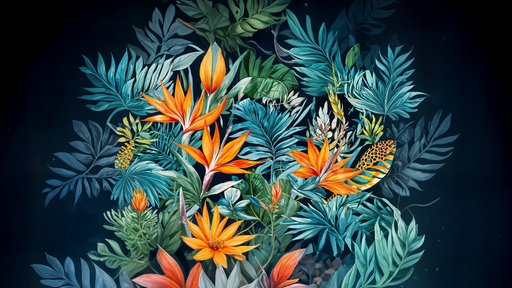 Papier peint jungle exotique Feuillage luxuriant et fleurs vives