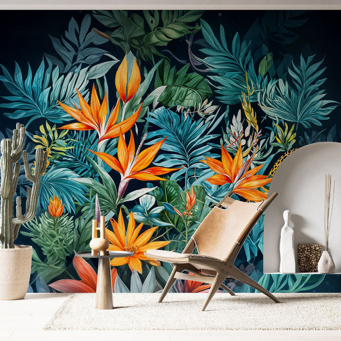 Papier peint jungle exotique | Feuillage luxuriant et fleurs vives