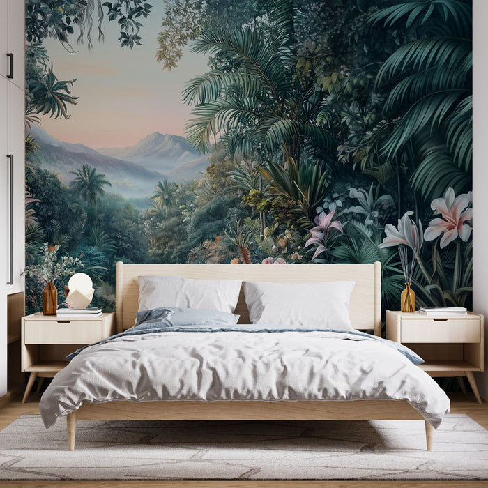 Papier peint jungle vert avec paysage tropical et montagnes pour chambre à coucher moderne