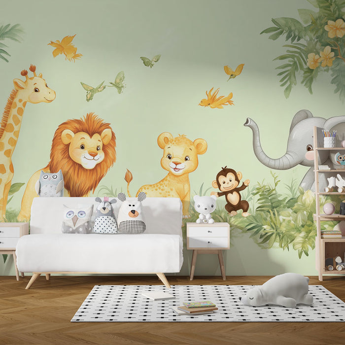 Papier peint jungle vert avec animaux de la savane pour chambre d'enfant