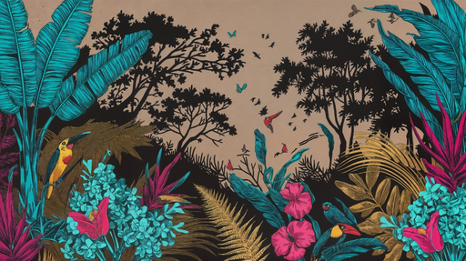 Papier peint tropical Jungle colorée avec oiseaux exotiques