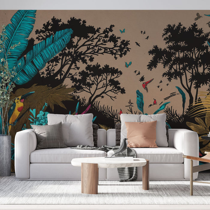 Papier peint tropical | Jungle colorée avec oiseaux exotiques