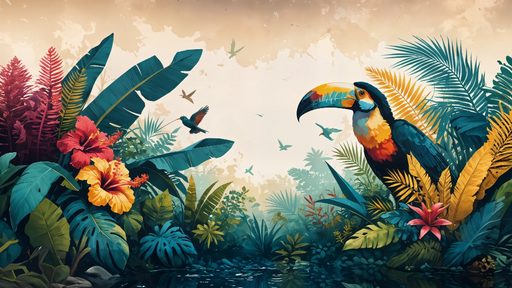 Papier peint tropical Toucan et feuillage luxuriant