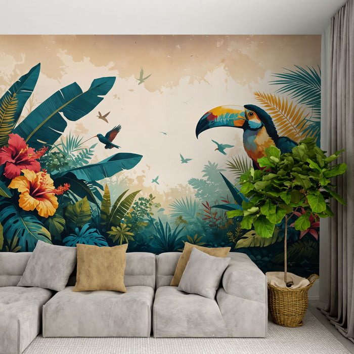 Papier peint tropical | Toucan et feuillage luxuriant